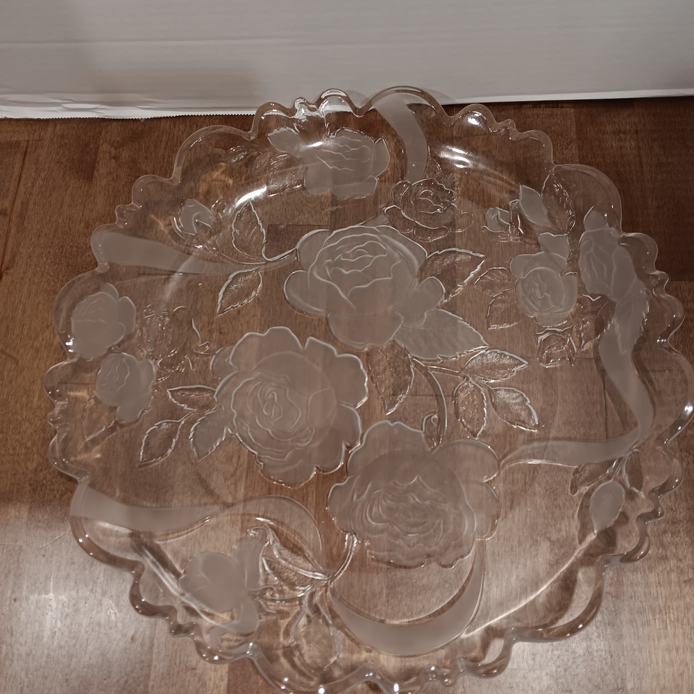 Clear Floral Glass Serving Plate - White Frosted Rose Design